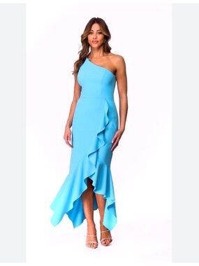 Xscape One-Shoulder Aqua Blue Ruffle Midi Dress